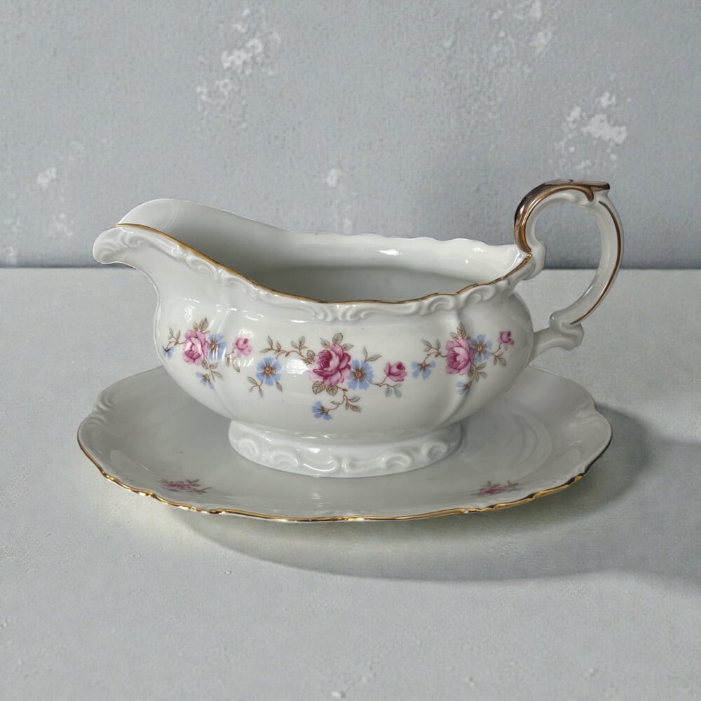 Vintage Edelstein Bavaria Florence Gravy Boat with Underplate Floral Gold Trim